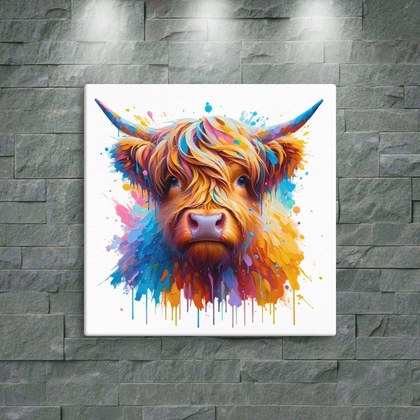 Highland Cow Splash colorful canvas wall art print of an oil / acrylic painting Animal Splash